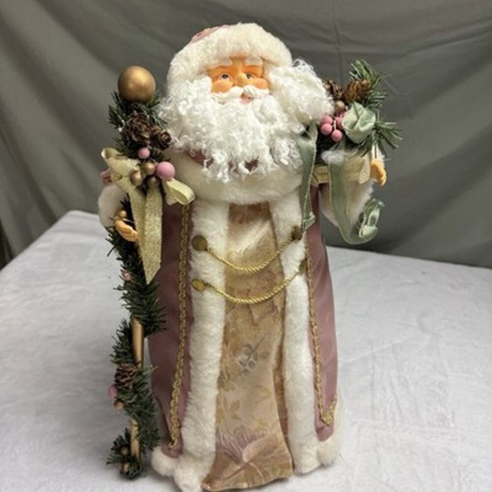 Vtg Santa Tree Topper Table Decor 18” Victorian Christmas Pink Gold Velvet
